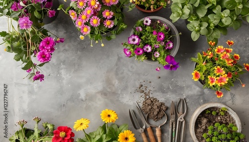 Flowers in pots and gardening tools on grey background, top view