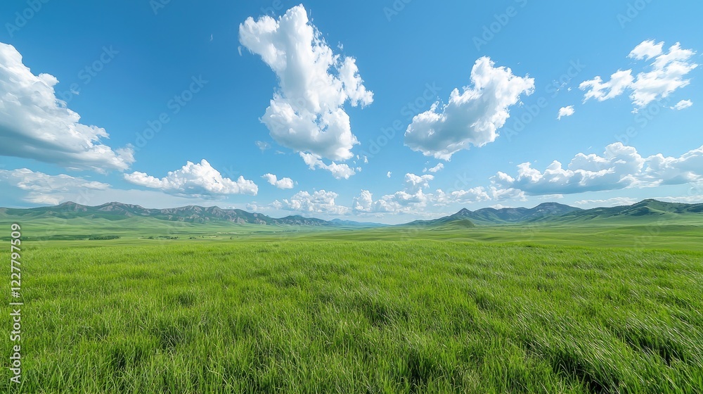 Vast green steppe under blue sky with fluffy clouds; scenic landscape for travel brochures Vast green steppe under blue sky with fluffy clouds; scenic landscape for travel brochures