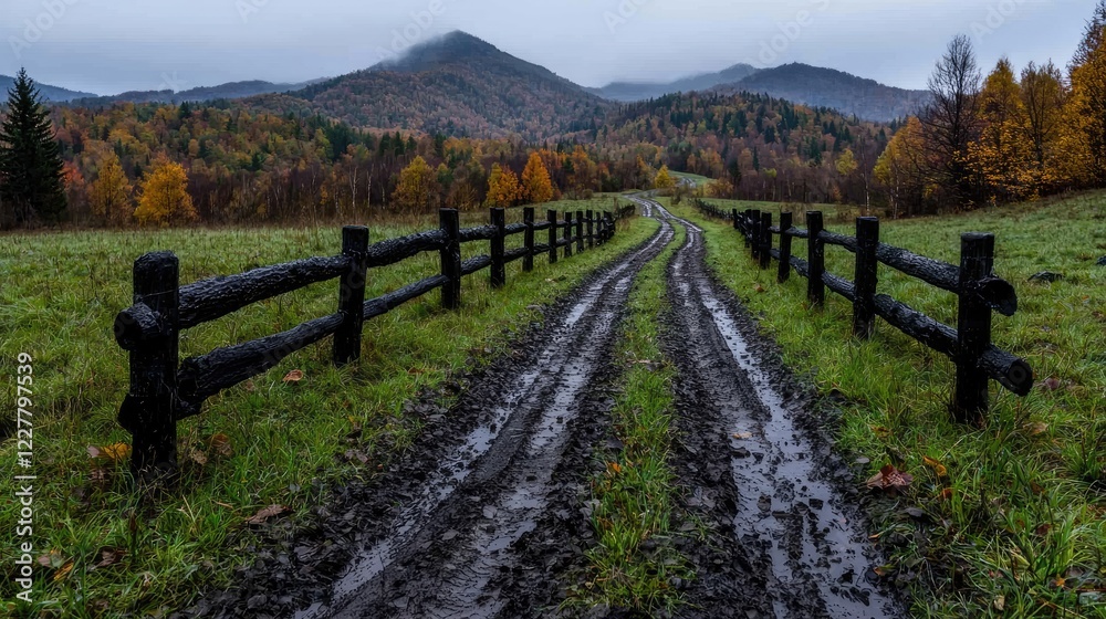 Naklejka premium Autumn mountain road, muddy track, misty hills, fall foliage, scenic landscape, travel photography