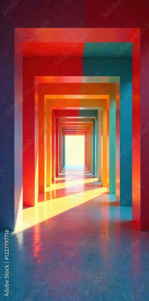 Vibrant architectural passageway showcasing a spectrum of colors, illuminated by sunlight casting dynamic shadows on the polished floor. Vibrant architectural passageway showcasing a spectrum of colors, illuminated by sunlight casting dynamic shadows on the polished floor.