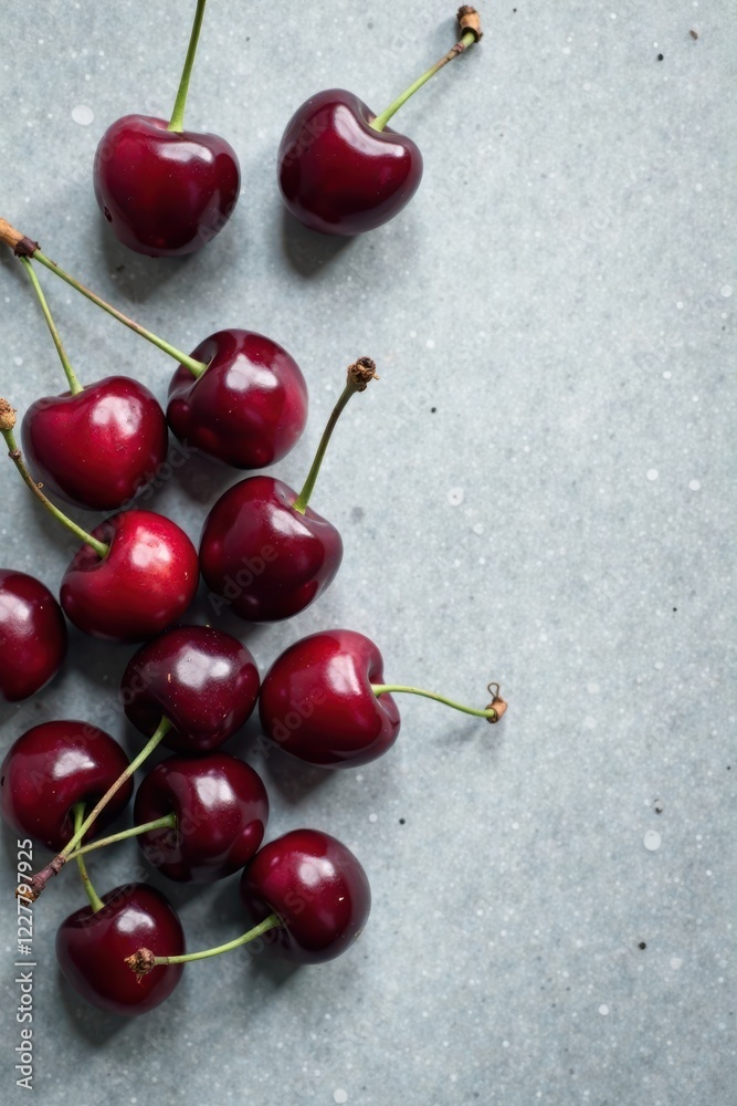A cluster of ripe, dark red cherries scattered on a speckled gray surface, showcasing their vibrant color and juicy texture, ideal for culinary or healthy eating contexts A cluster of ripe, dark red cherries scattered on a speckled gray surface, showcasing their vibrant color and juicy texture, ideal for culinary or healthy eating contexts