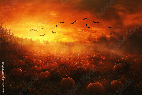 Glowing Jack-o'-Lanterns in a Spooky Forest Under Full Moon with Flying Bats and Autumn Leaves Creating an Eerie Halloween Night Atmosphere