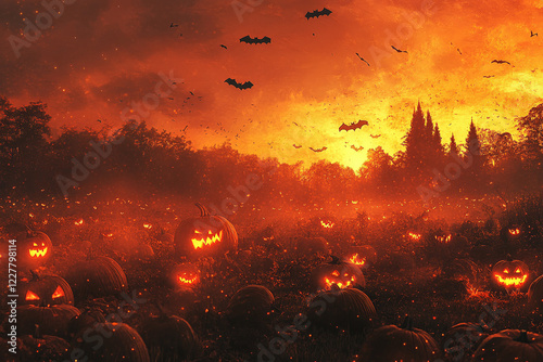 Glowing Jack-o'-Lanterns in a Spooky Forest Under Full Moon with Flying Bats and Autumn Leaves Creating an Eerie Halloween Night Atmosphere