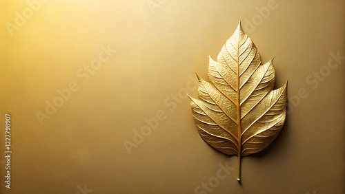 Golden Leaf on Beige Background Elegant, Luxury, Autumnal, Nature