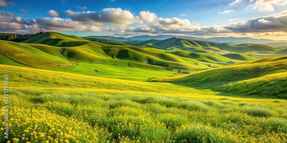 Obraz premium Rolling hills with vibrant green and yellow wildflowers in a sunny meadow