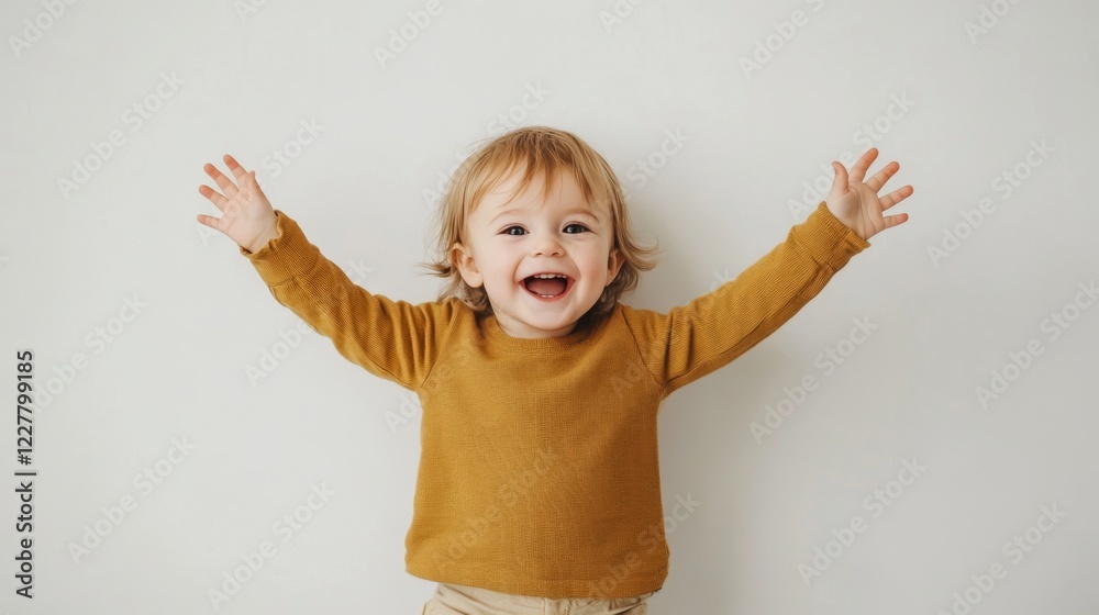 Happy toddler girl with arms outstretched against a white background.