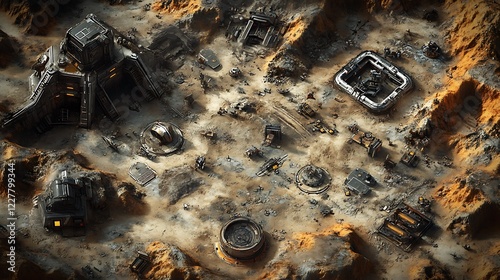 Map of a futuristic wasteland with scattered ruins robotic scavengers and high-tech encampments photo