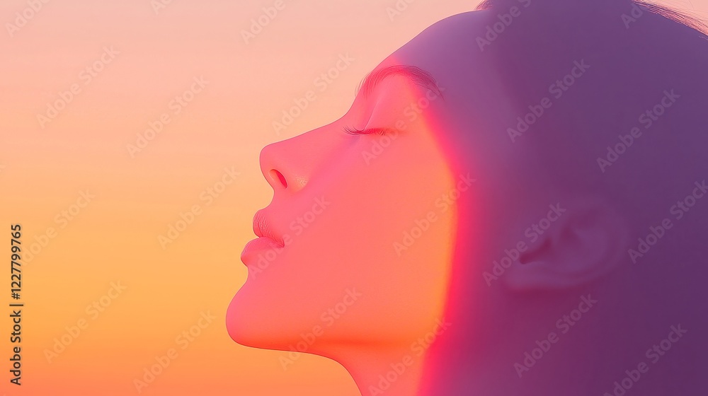 Fototapeta premium Inner Awakening, a woman's silhouette radiating energy amidst a vibrant sunrise, symbolizing self-discovery and personal growth in a serene landscape.