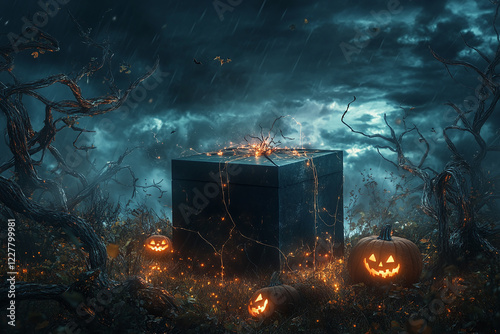 Glowing Jack-o'-Lanterns in a Spooky Forest Under Full Moon with Flying Bats and Autumn Leaves Creating an Eerie Halloween Night Atmosphere