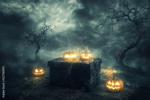 Glowing Jack-o'-Lanterns in a Spooky Forest Under Full Moon with Flying Bats and Autumn Leaves Creating an Eerie Halloween Night Atmosphere
