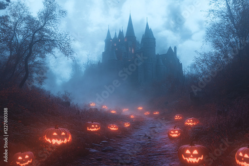 Glowing Jack-o'-Lanterns in a Spooky Forest Under Full Moon with Flying Bats and Autumn Leaves Creating an Eerie Halloween Night Atmosphere