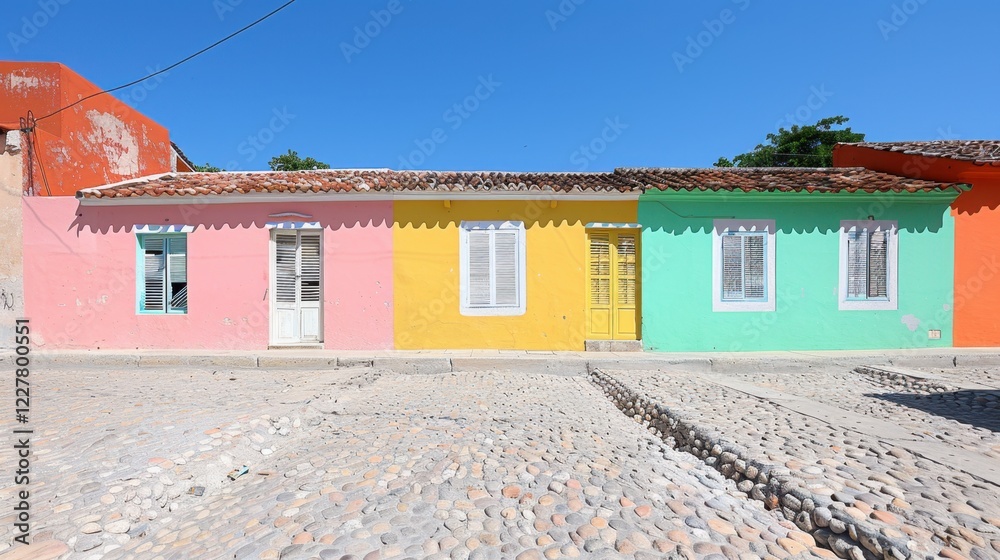 Obraz premium Colorful Historic Houses in Vibrant Shades on Cobblestone Street