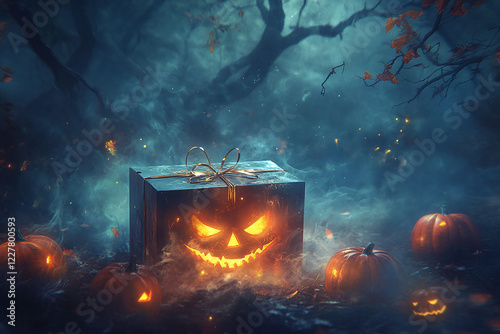 Glowing Jack-o'-Lanterns in a Spooky Forest Under Full Moon with Flying Bats and Autumn Leaves Creating an Eerie Halloween Night Atmosphere