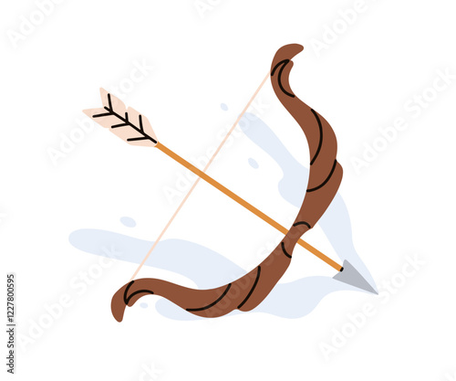 Bow and arrow nocked for shooting. Archery weapon aiming for shot. Focus, target, goal and objective concept. Curved wooden arch in motion. Flat vector illustration isolated on white background