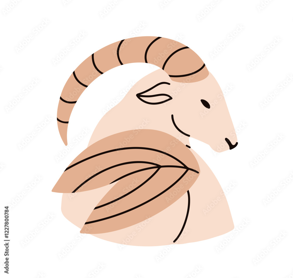 Obraz premium Capricorn, astrology zodiac sign. Sea goat with curved horns in profile. Myth animal character, horoscope avatar, symbol. Capricornus icon. Flat vector illustration isolated on white background