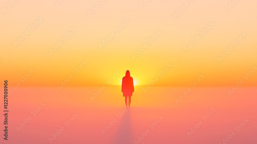 Dawn of Renewal, a woman's silhouette emerges against a vivid sunrise, symbolizing hope and new beginnings, surrounded by expansive open space and warm colors. Dawn of Renewal, a woman's silhouette emerges against a vivid sunrise, symbolizing hope and new beginnings, surrounded by expansive open space and warm colors.