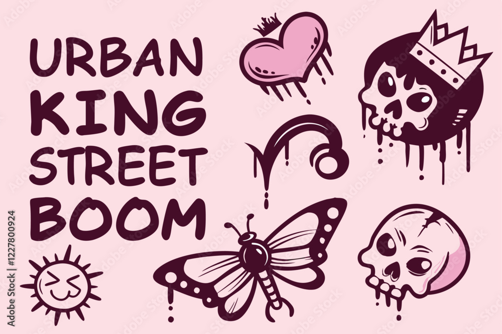 Obraz premium Graffiti icons, urban street art, pink and black color scheme, dripping paint effect, punk aesthetic, skull motif, heart symbol, butterfly design, scorpion silhouette, smiley faces, crown icon, animal