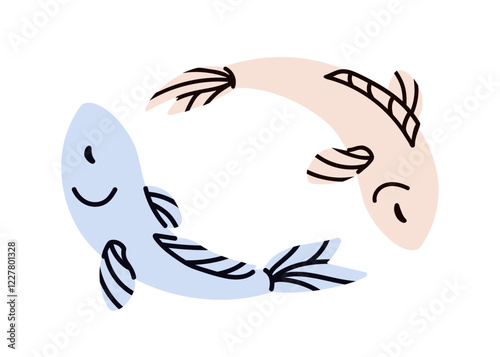 Pisces, zodiac sign with two fishes swimming. Balance, harmony, duality, perpetual motion concept. Astrology symbol. Yin and yang, couple, pair. Flat vector illustration isolated on white background