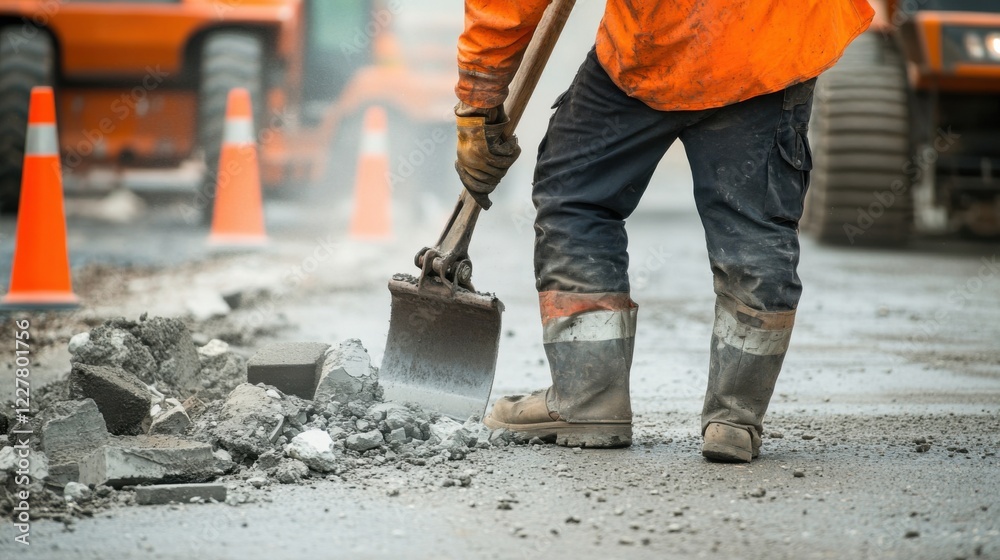 A construction worker operating a jackhammer to break concrete on a road repair site, with safety cones and construction equipment in the background, Road repair scene A construction worker operating a jackhammer to break concrete on a road repair site, with safety cones and construction equipment in the background, Road repair scene