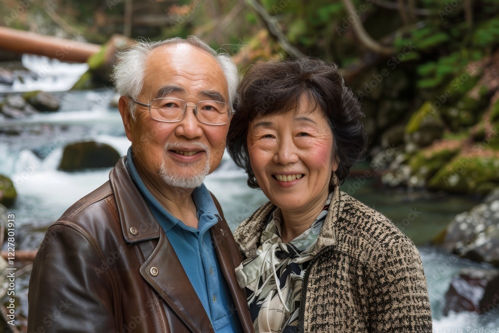 Portrait of a joyful asian couple in their 80s sporting a stylish leather blazer over tranquil forest stream Portrait of a joyful asian couple in their 80s sporting a stylish leather blazer over tranquil forest stream