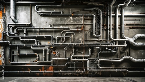 Industrial Wall with Pipes and Plumbing Metallic and Grungy