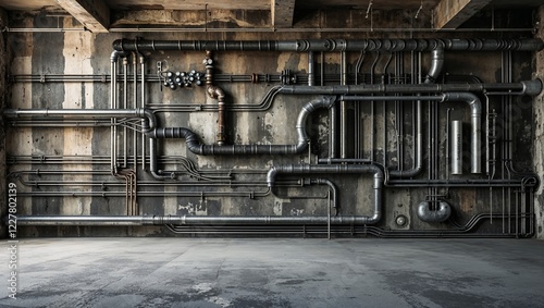 Industrial Interior Wall with Complex Metal Pipe System in an Urban Warehouse Setting