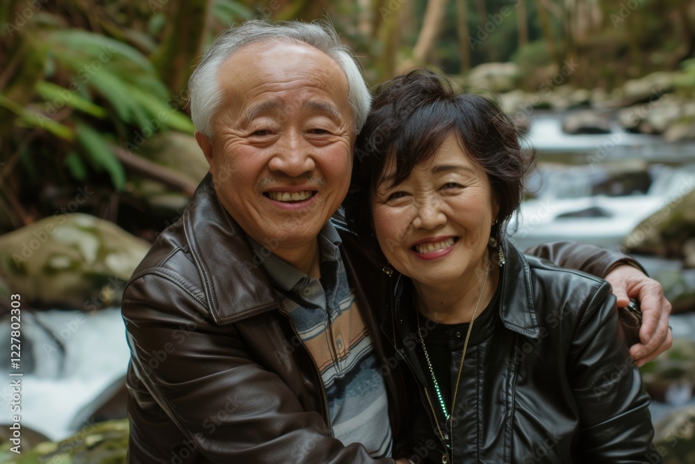 Portrait of a joyful asian couple in their 80s sporting a stylish leather blazer over tranquil forest stream Portrait of a joyful asian couple in their 80s sporting a stylish leather blazer over tranquil forest stream