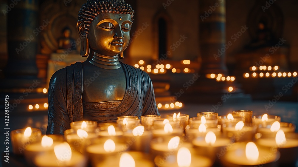 Fototapeta premium tranquil buddha statue surrounded by glowing candles in serene setting