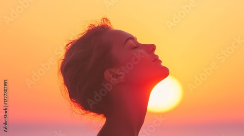 Wallpaper Mural Waking Dreams, a woman’s silhouette with closed eyes framed by a vibrant sunrise, embodying moments of reflection and the pursuit of aspirations. Torontodigital.ca