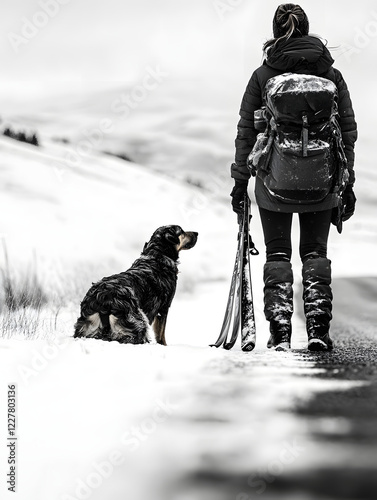 Abenteuer im Schnee – Wanderer mit Hund auf winterlicher Reise
 photo