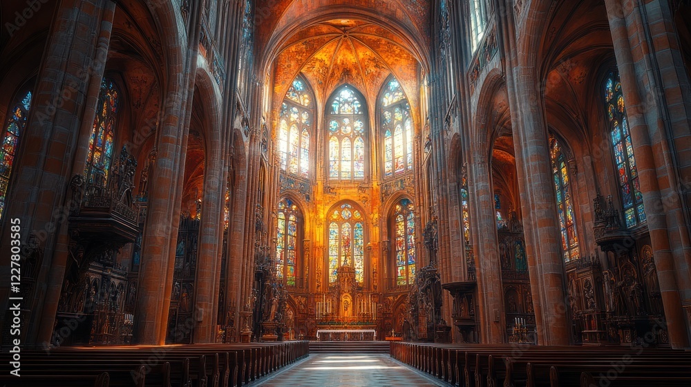 Fototapeta premium Gothic church interior, stained glass, sunlight, worship, travel