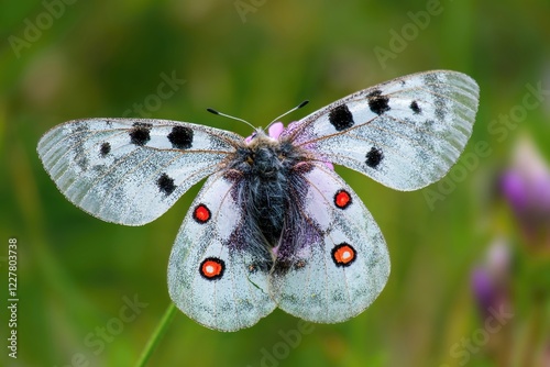 Apollo butterfly resting in the grass with open wings. Parnassius apollo White Butterfly decorated with large black spots and red eye-spots photo