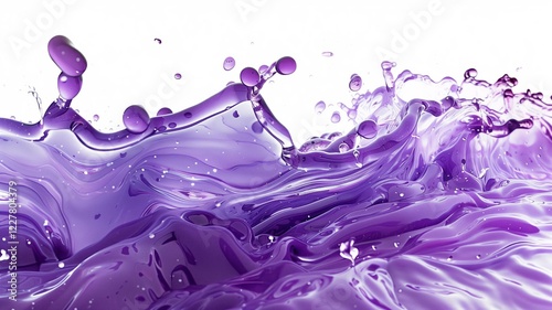 Dynamic purple liquid splashes with scattered droplets and flowing photo