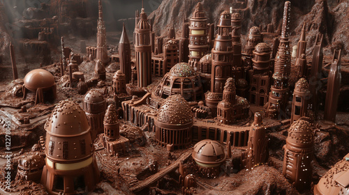 A futuristic cityscape where buildings are made entirely of chocolate.