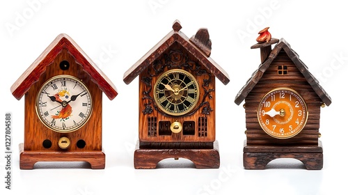 Three wooden chalet clocks on white background photo