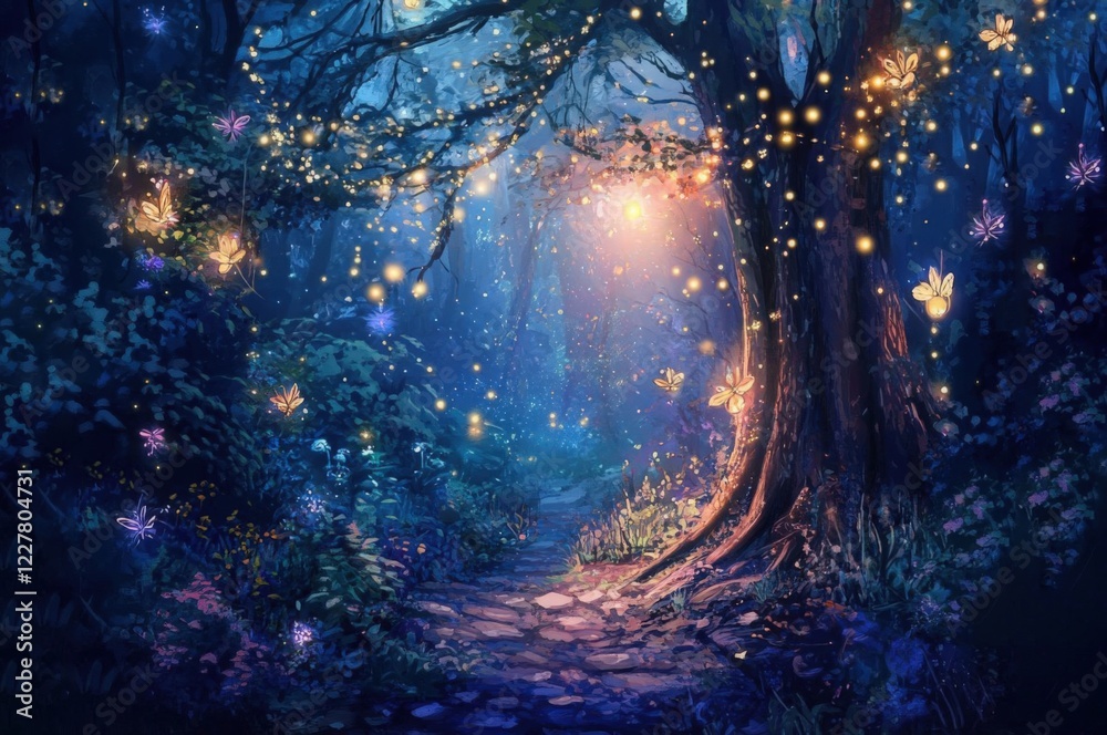 Naklejka premium Magical Forest Illustration with Glowing Butterflies at Night in Blue and Purple
