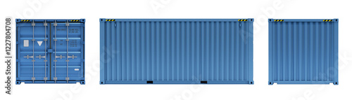 Blue 20-foot cargo container. Views from the front, side, and back for advertising purposes. Isolated. White background. 3D illustration