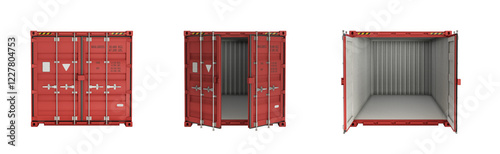 Front views of a red shipping container with open and closed doors, without shadows. 3D illustration