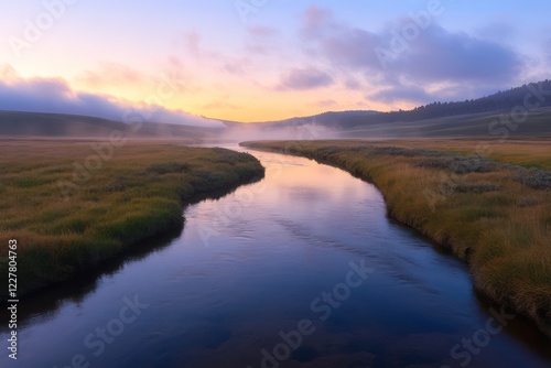 A tranquil river flowing through an expansive meadow, reflecting the pastel hues of a sunrise
