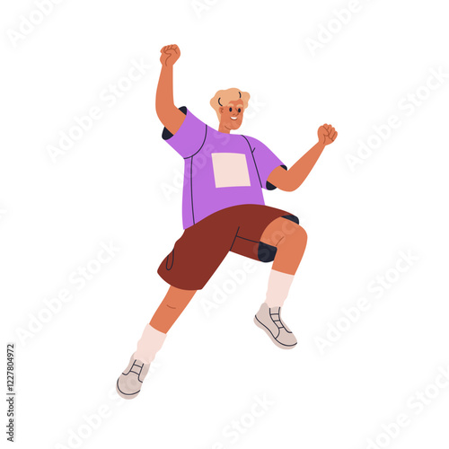 Happy boy jumping up in air. Excited joyful teenager celebrating, flying in air in dynamic energetic emotional pose with fists, arms gesture. Flat vector illustration isolated on white background