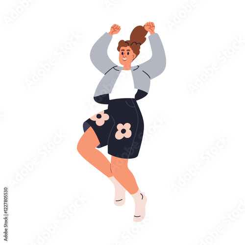 Happy excited girl jumping with joy and fun. Joyful kid with arms up, leaping. Active energetic child smiling, exulting, rejoicing in movement. Flat vector illustration isolated on white background