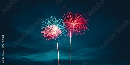Spectacular Red and Teal Fireworks Display at Night Festive Celebration