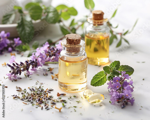 Two glass bottles of essential oils are surrounded by fresh herbs and purple flowers, creating a serene and aromatic atmosphere.