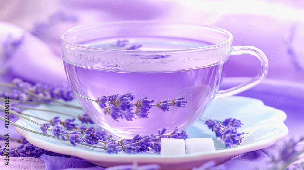 Delicate lavender infused tea in transparent cup surrounded by fresh lavender blooms Delicate lavender infused tea in transparent cup surrounded by fresh lavender blooms