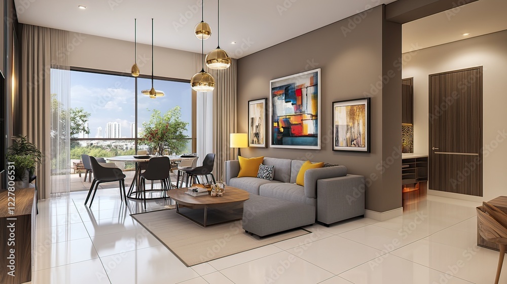 Fototapeta premium Modern apartment living room, city view, open plan, sunny