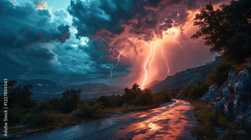Fototapeta premium lighting storm with fire in the sky