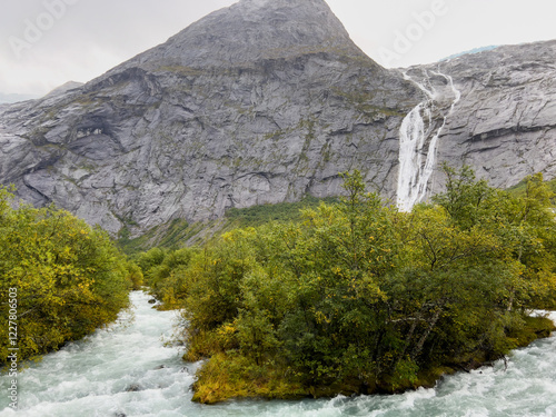 Autumn landscape in Briksdalbreen glacier valley in South Norway, Europe. photo