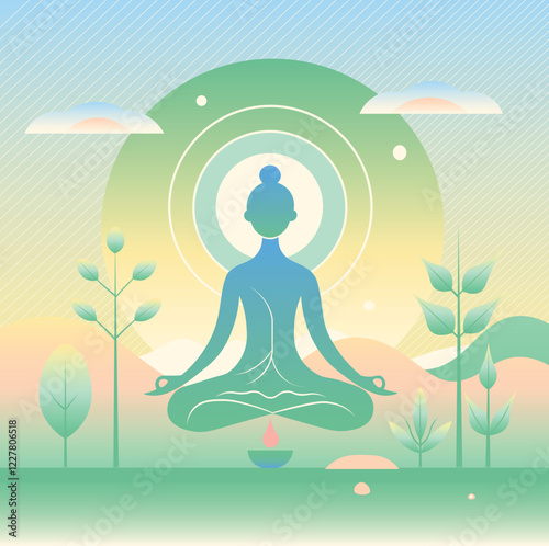 Flat gradation vector illustration of natural and peaceful meditation and mindfulness