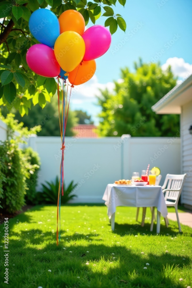 Obraz premium A cheerful outdoor celebration with colorful balloons tied to a tree branch, gently swaying in the breeze, overlooks a charmingly set table for a delightful al fresco gathering.