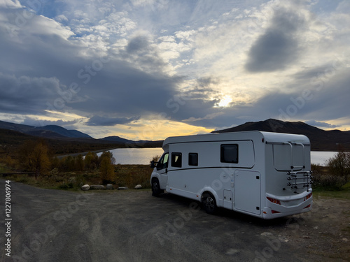 Motorhome camper in Dovrefjell National Park in south Norway. Europe